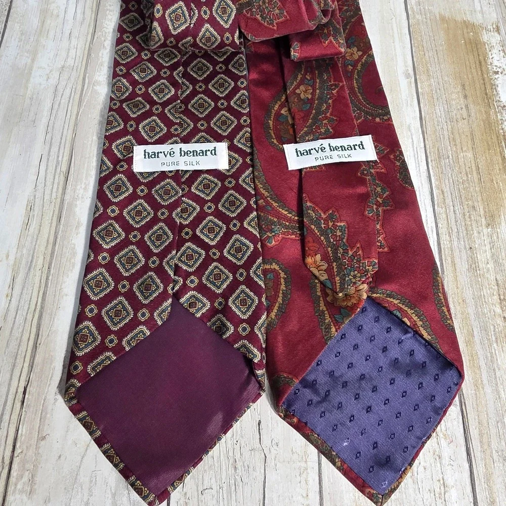 Harve Benard Pure Silk Necktie Lot 2 Burgundy Red Paisley Geometric Medallion